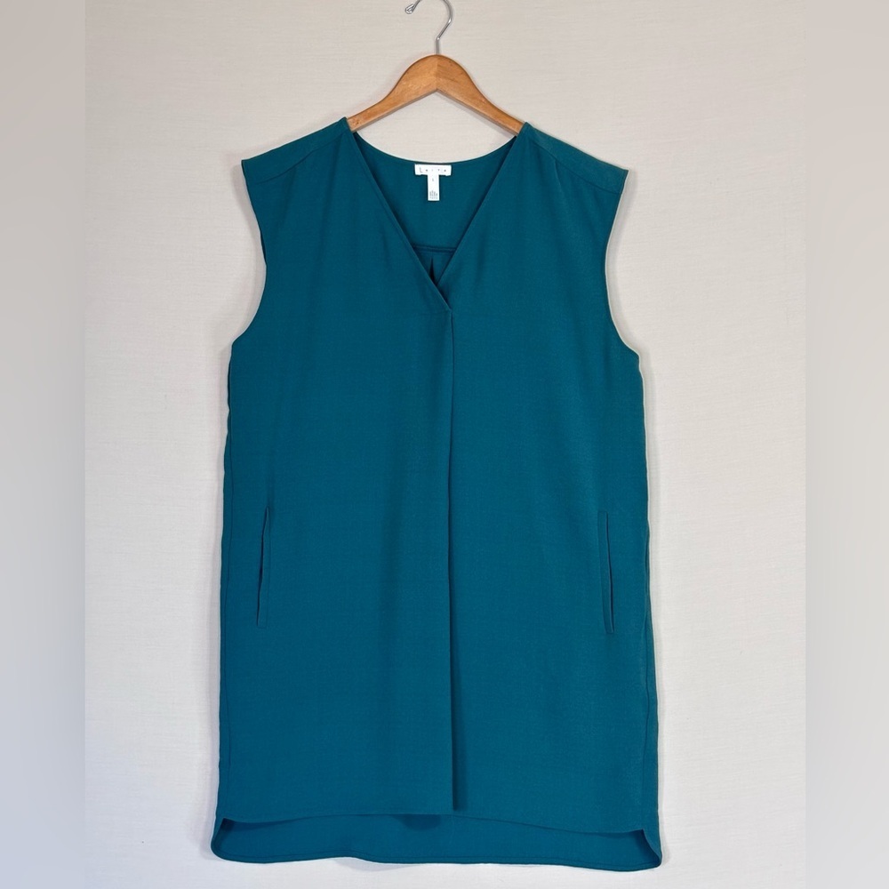 Leith Teal Sleeveless Tunic Dress V-Neck Pocket Minimal Chic